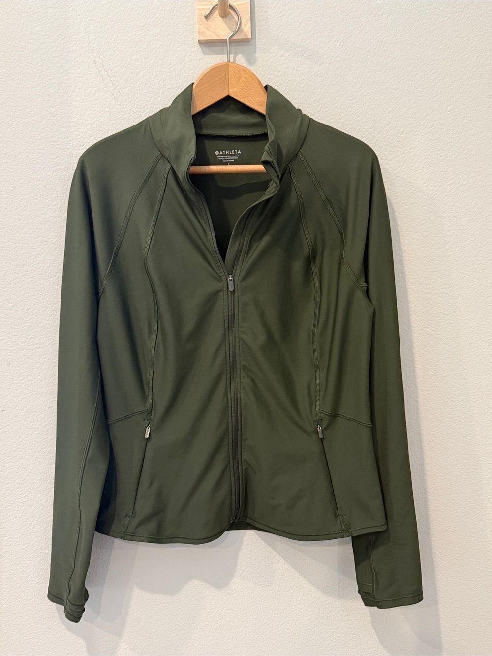 Athleta Interval Jacket in Aspen Olive Green Full-Zip Utility No Hood Size Large